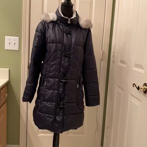 DRESS BARN Blue Faux Fur Zip Off Hooded Jacket.  Zip front with tubular buttons.